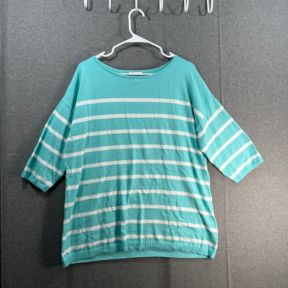 Denim & Co. Striped Drop Shoulder Ballet Sleeve Pullover Pale Aqua Size Large